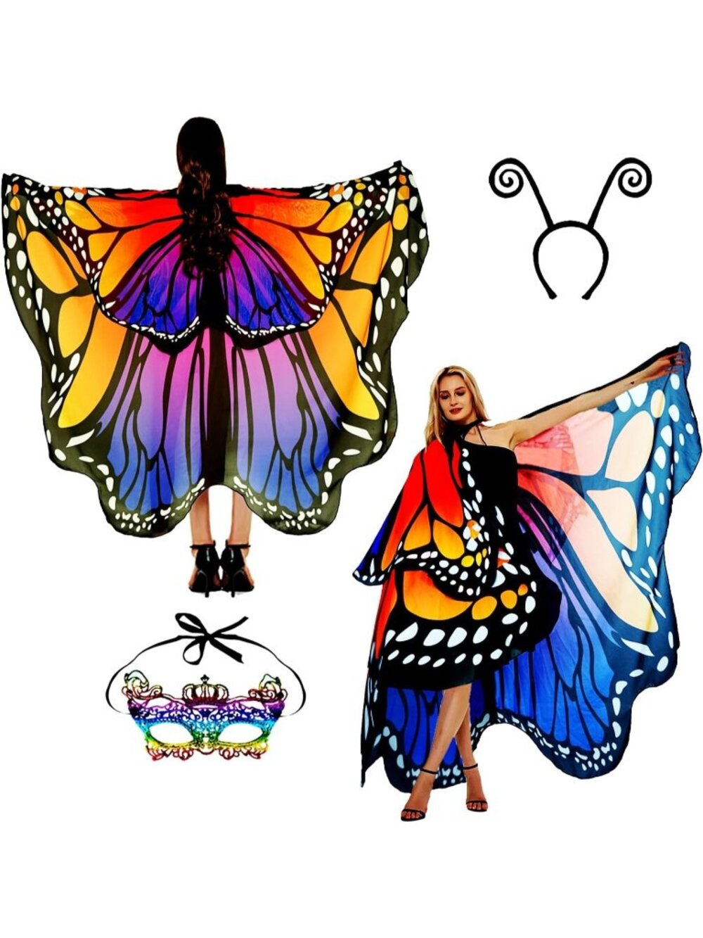 Women's Adult Butterfly Costume Monarch Butterfly Wing Cape 3Pcs Mask Halloween4